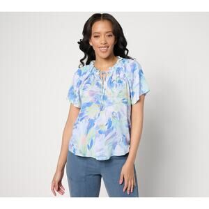 Side Stitch Ruffle Neck and Sleeve Top - Aqua Bloom Size Medium VGUC feminine